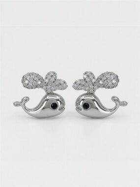 Cute Whale Stud Earrings – Platinum Plated Silver Tone with CZ Stones
